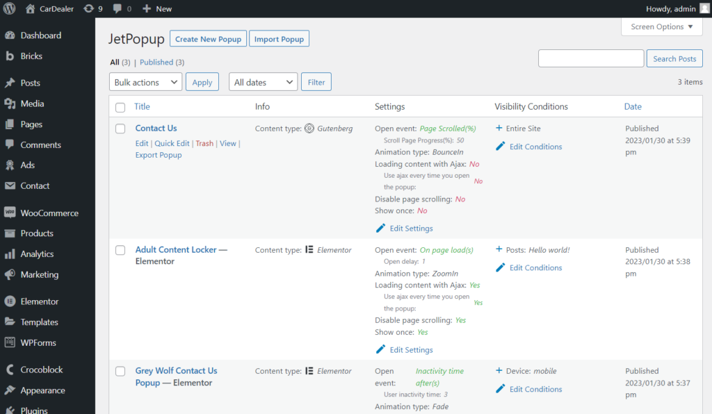 all popups dashboard tab settings