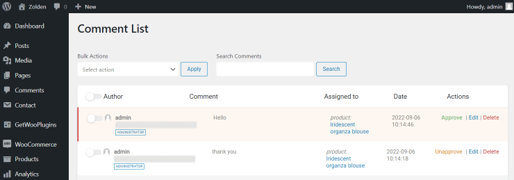 approved and unapproved comments