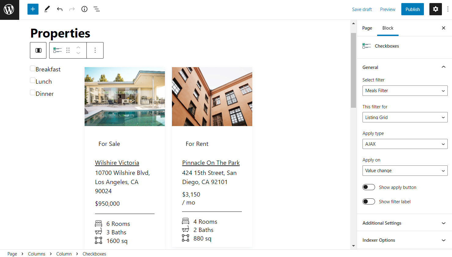 checkboxes filter in gutenberg