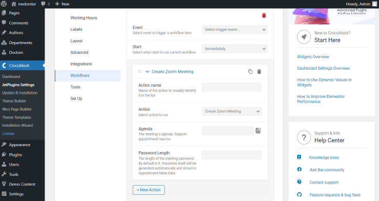 create zoom meeting action