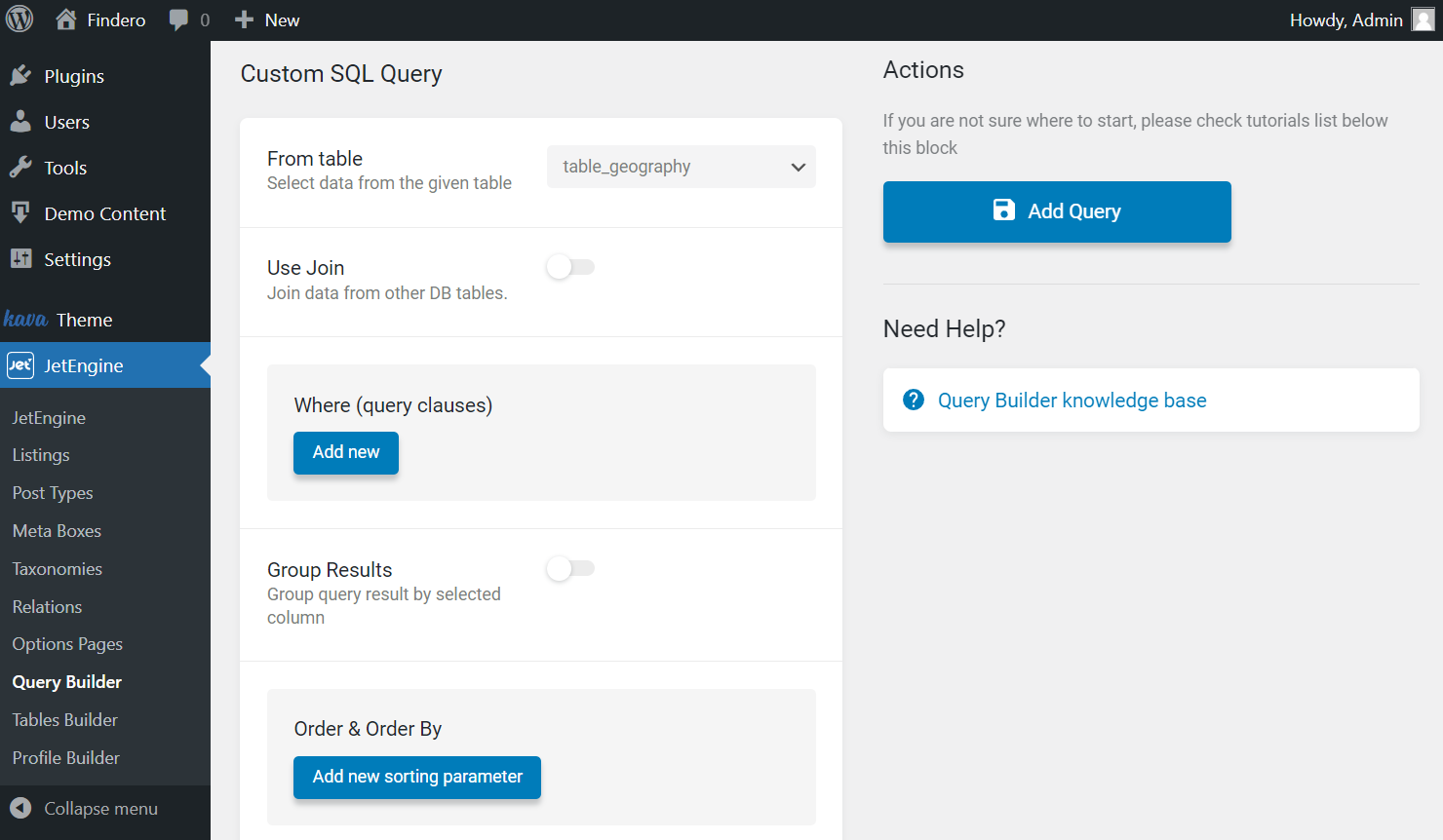 custom sql query settings