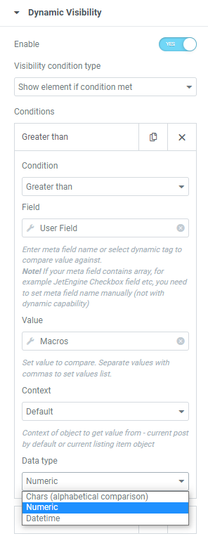 data type numeric dynamic visibility