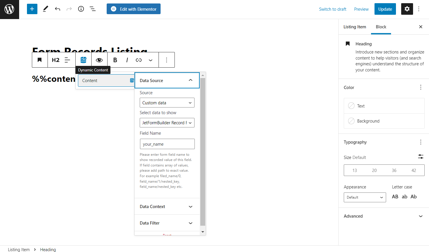 dynamic content button in the block editor