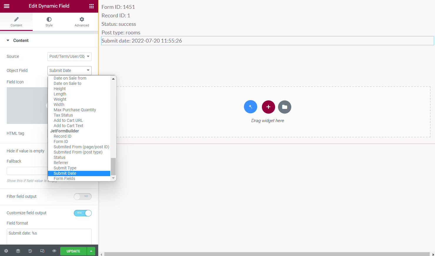 dynamic field widget settings in Elementor