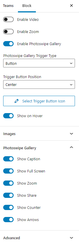 photoswipe gallery settings