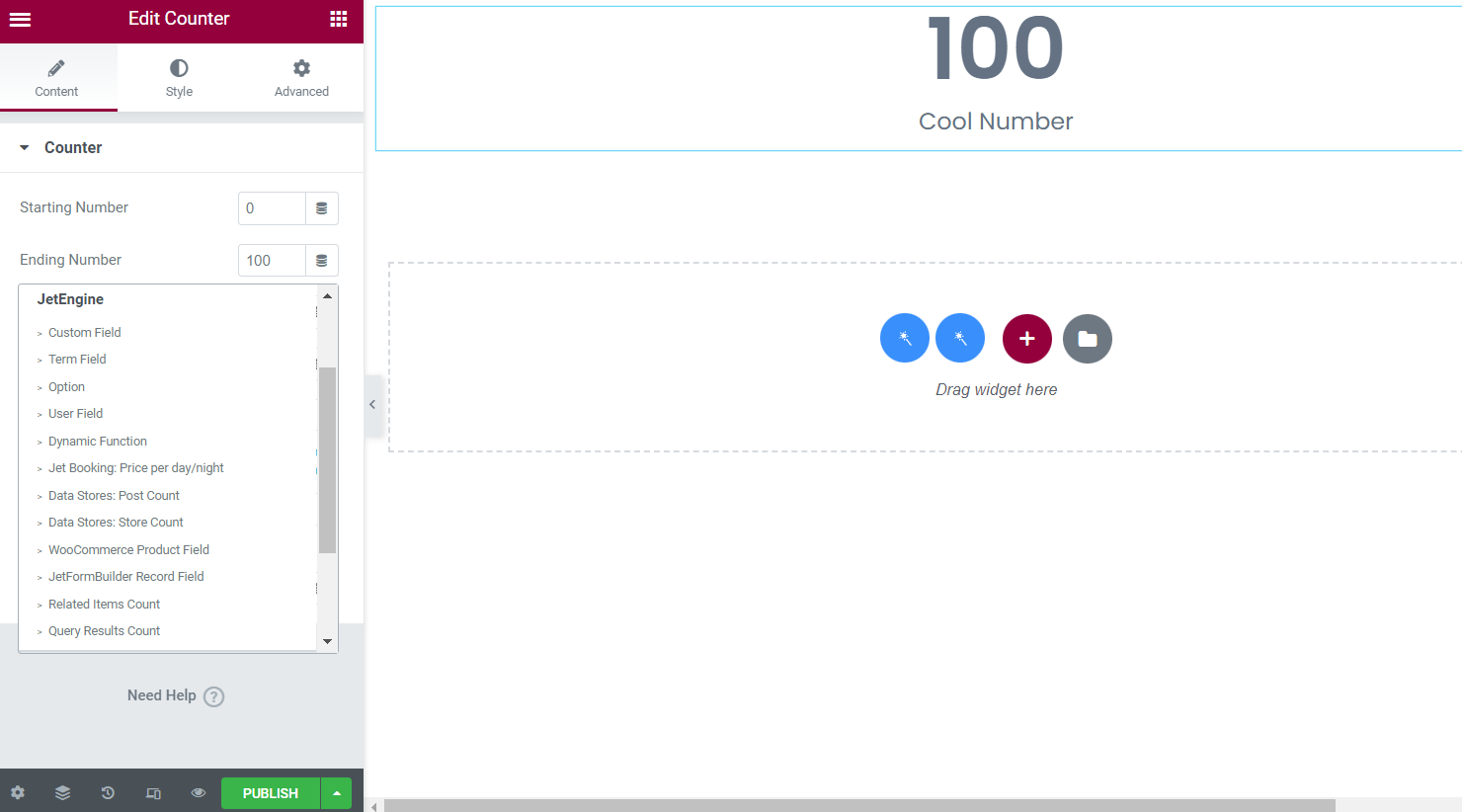 ending number field dynamic tags options