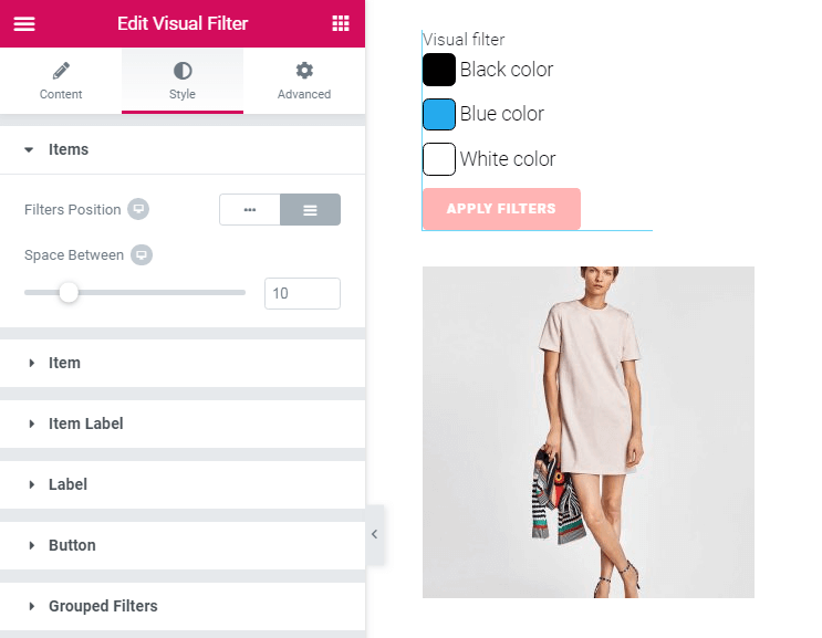 style settings in Visual filter