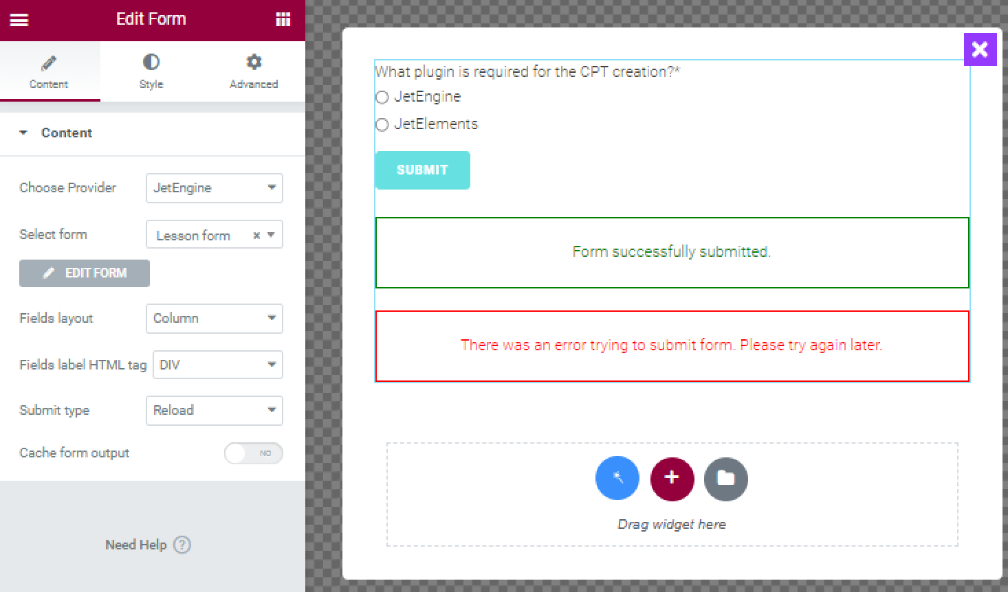 form in the popup