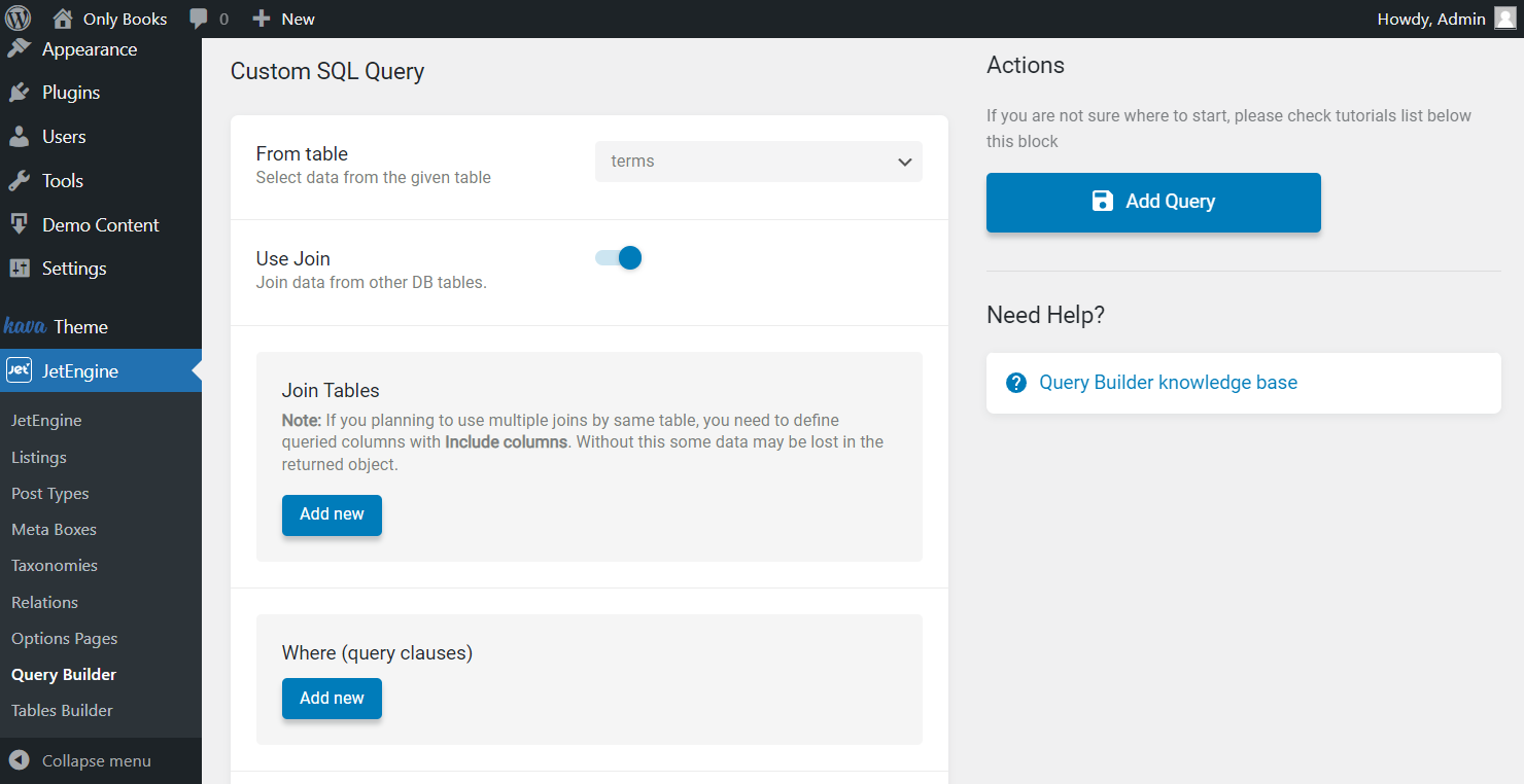 from table field in the custom sql query settings