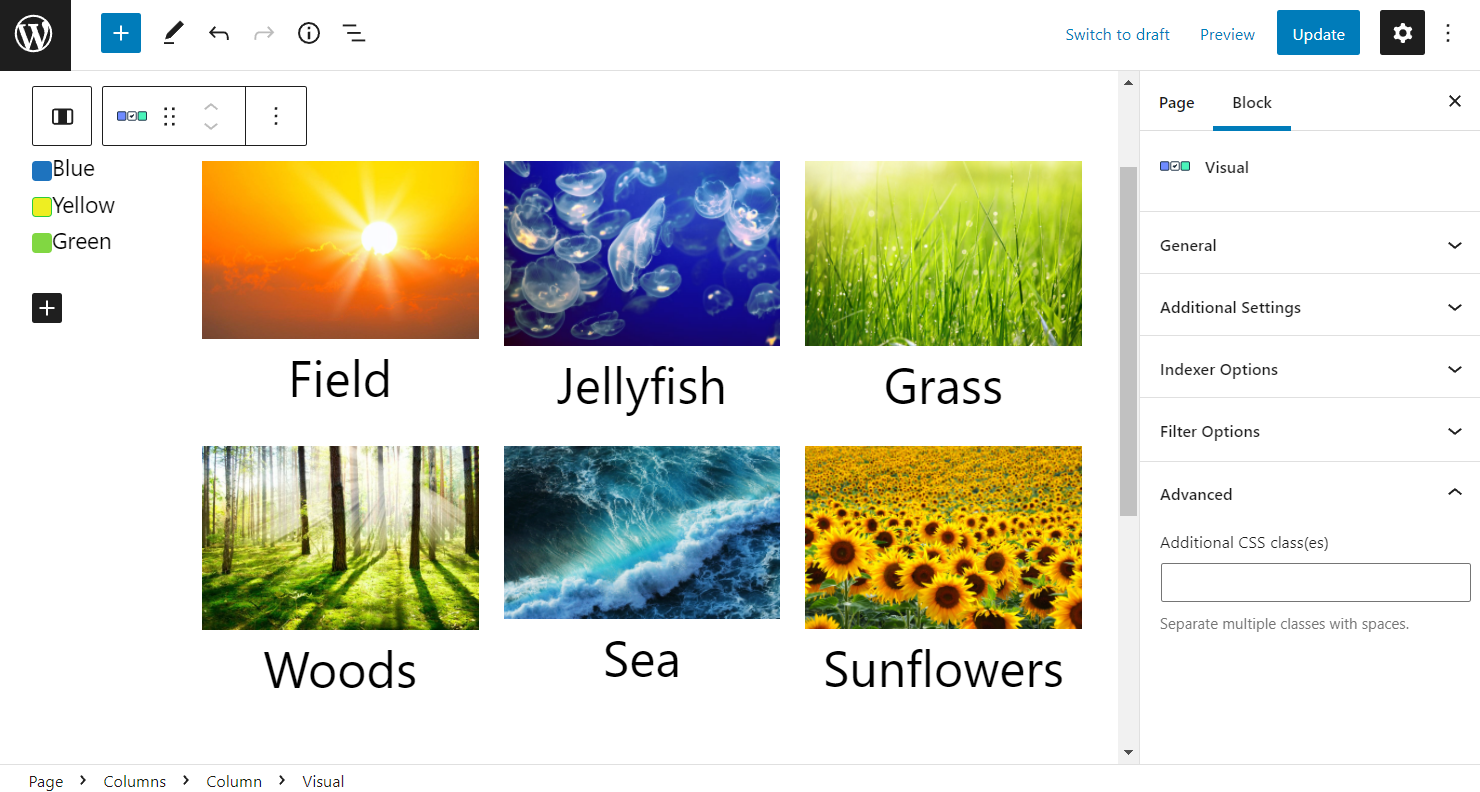 gutenberg visual filter advanced tab