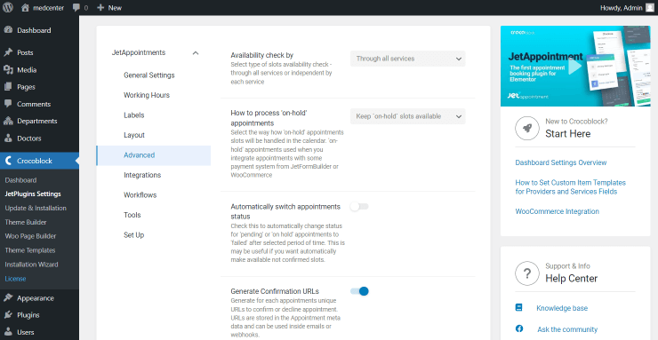 jetappointment advanced settings