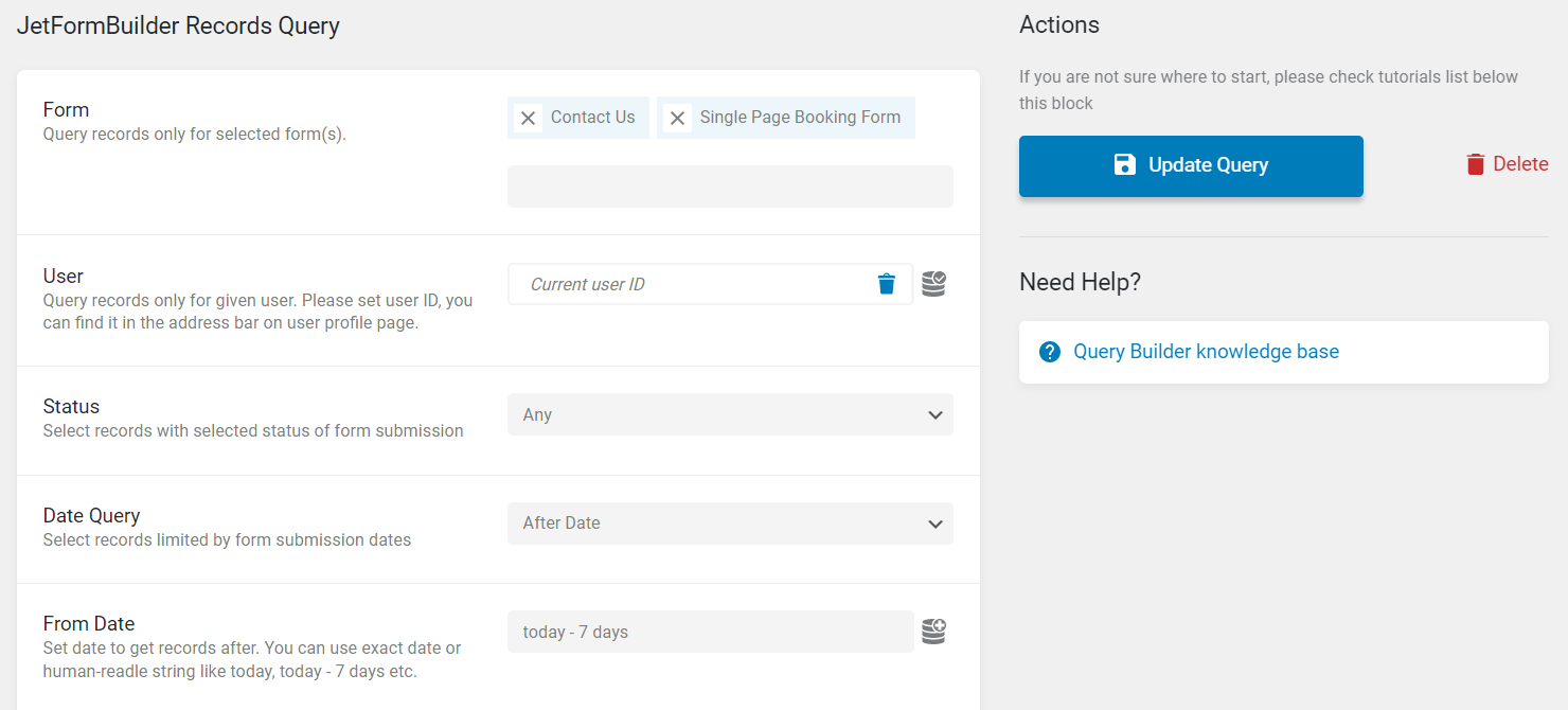 jetformbuilder records query settings