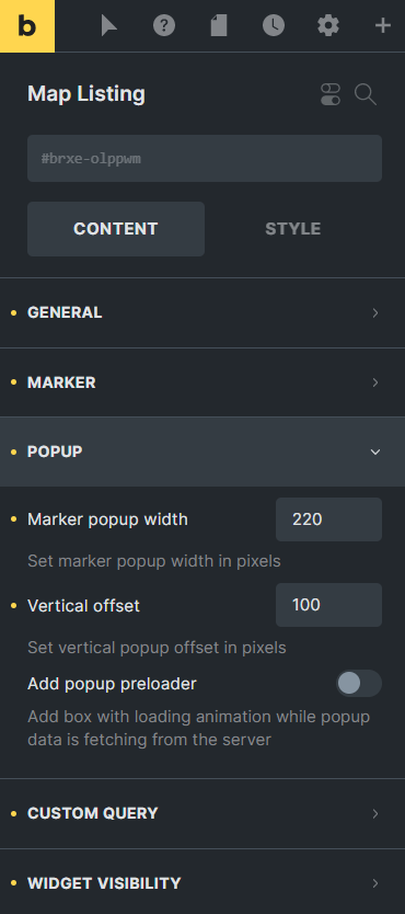 map listing popup settings