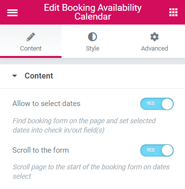 Booking Availability Calendar settings