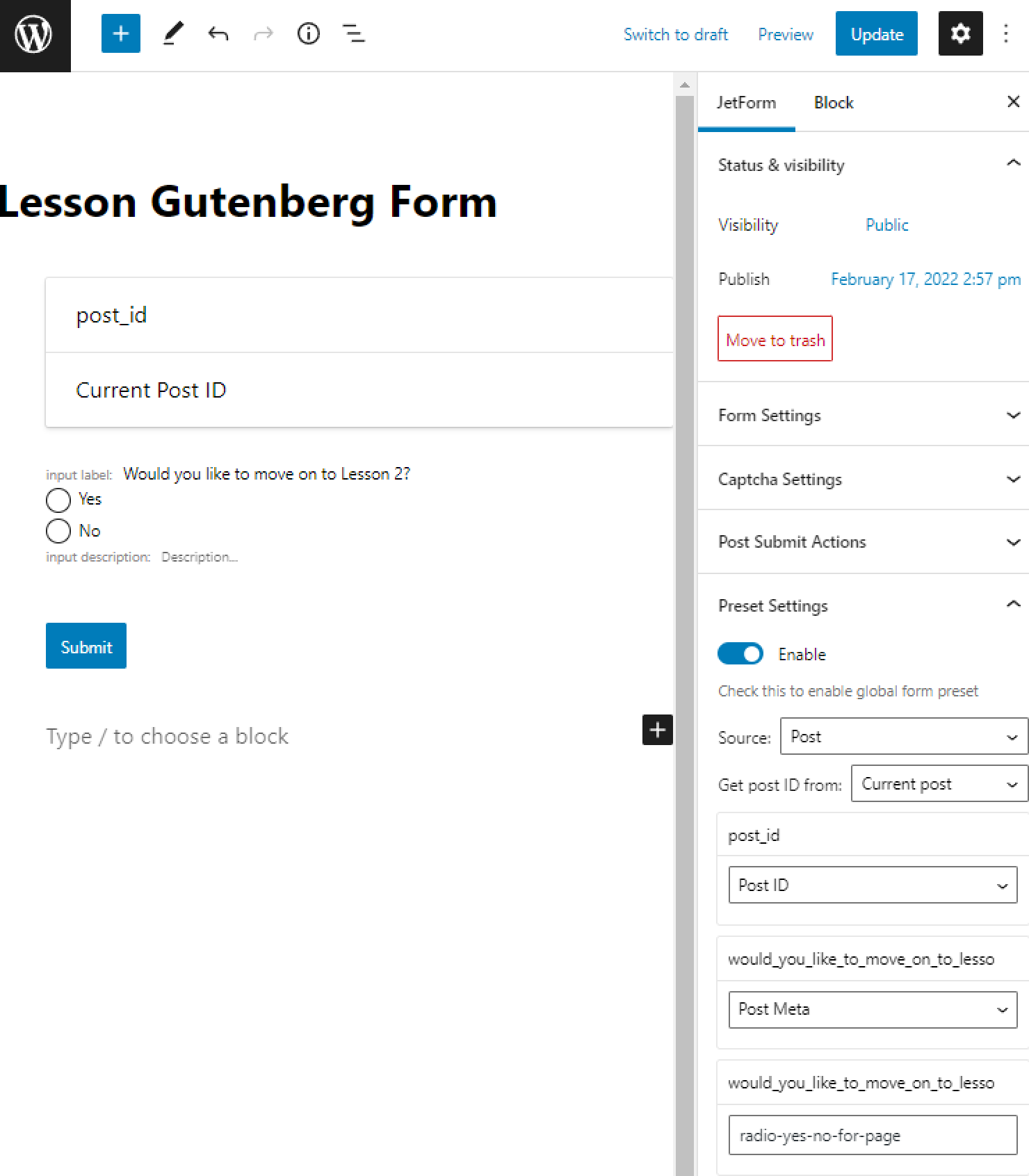 preset settings in the jetformbuilder form