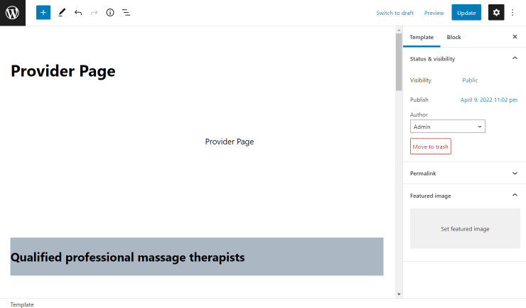 provider single page in block editor