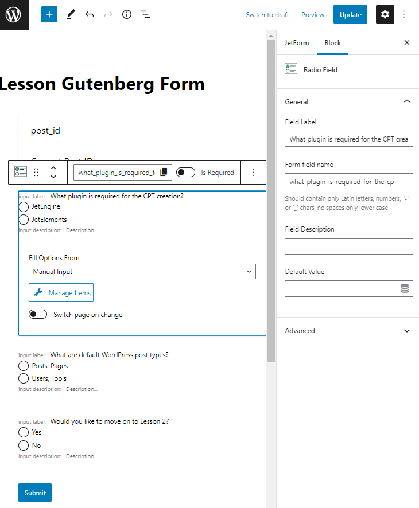 radio field with the question in a jetformbuilder form