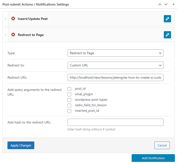 redirect to page post-submit action
