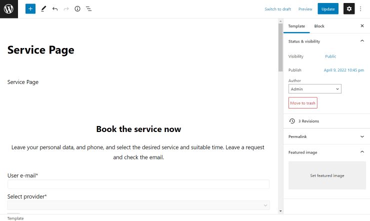 service single page in block editor