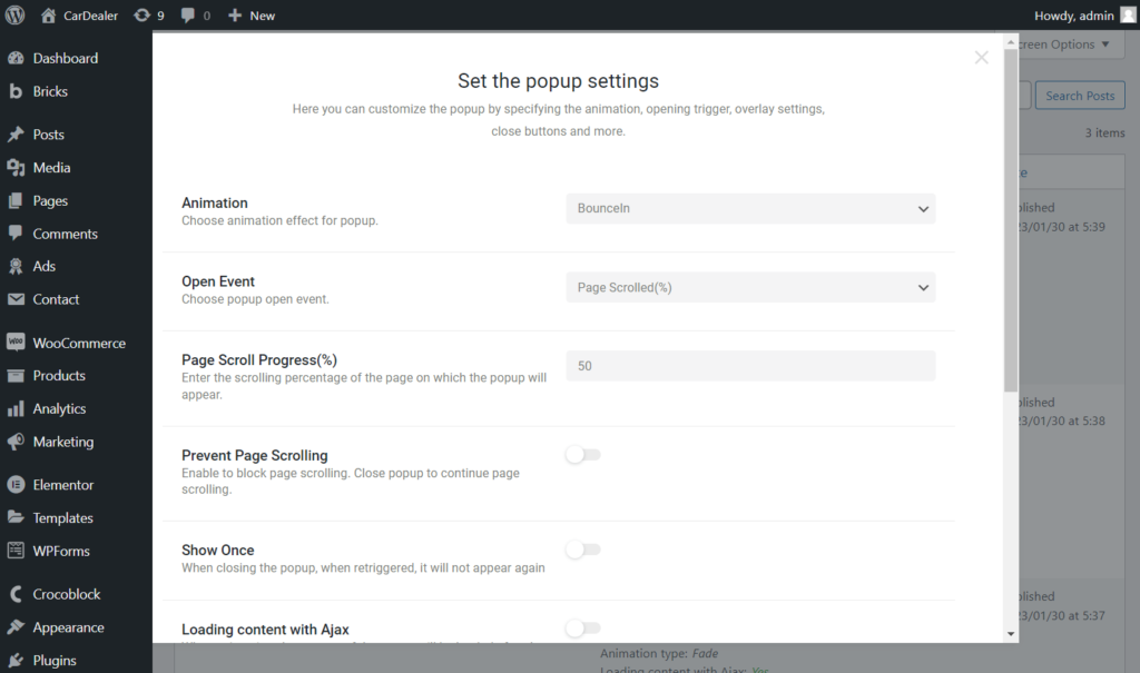 set the popup settings