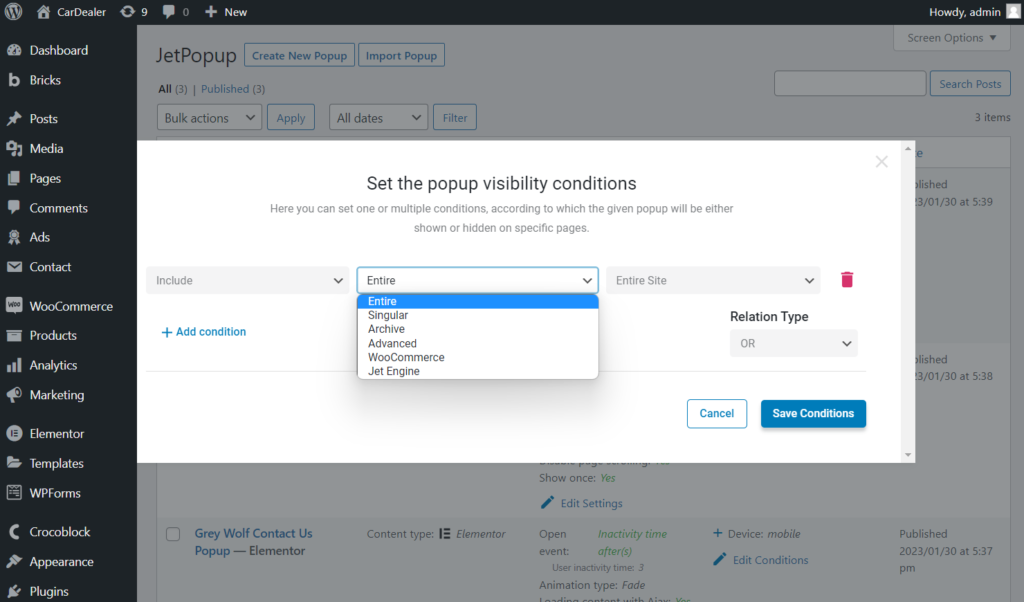 set the popup visibility conditions