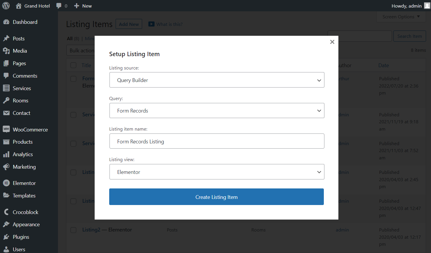 setup listing item pop-up