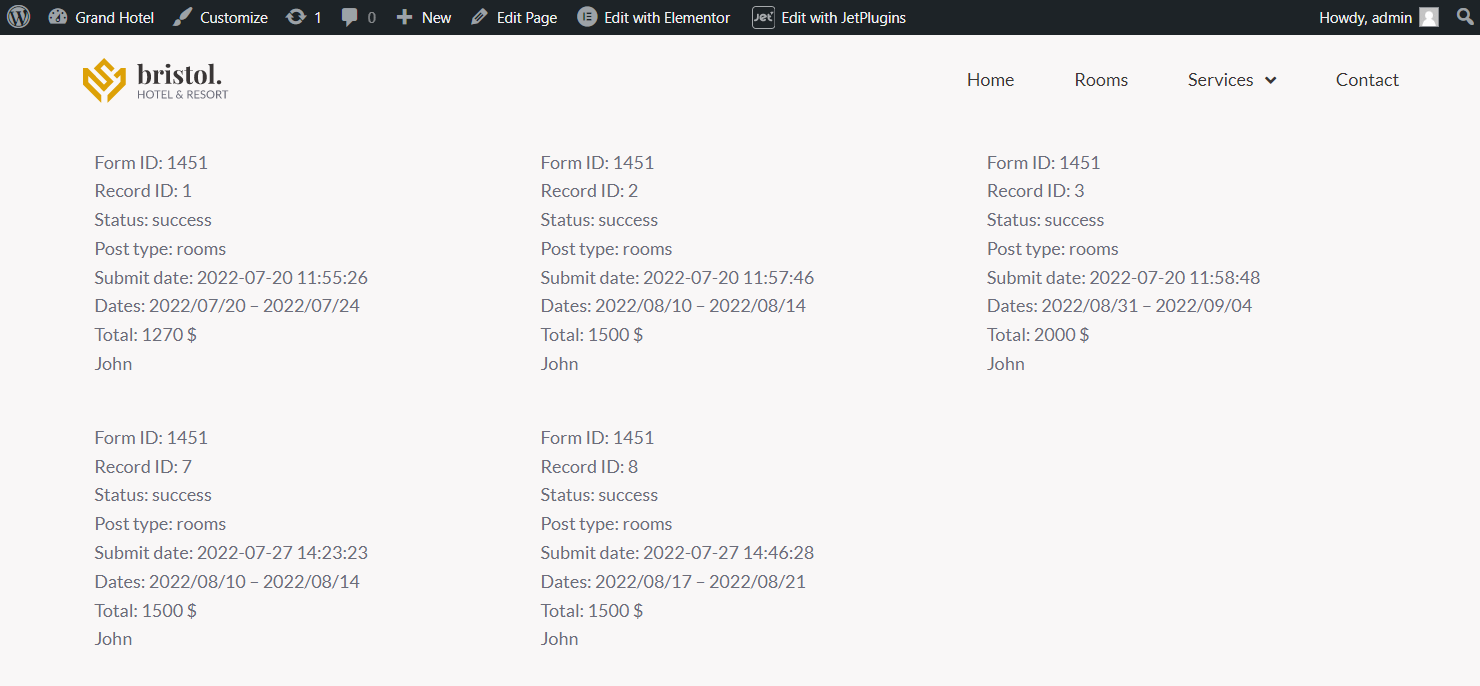 submitted form records on the front end