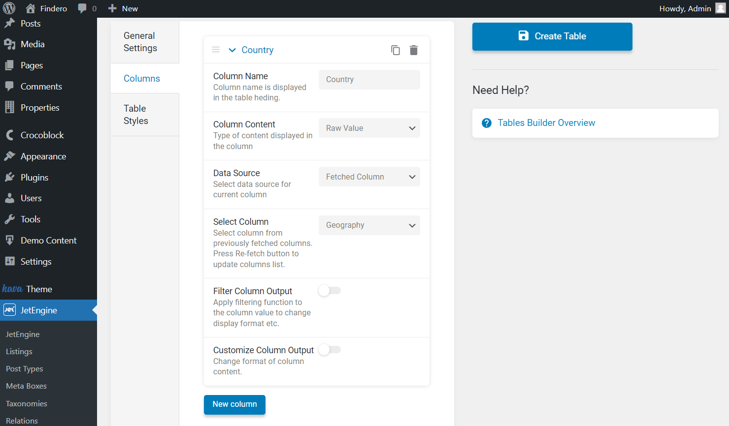 tables builder columns editing