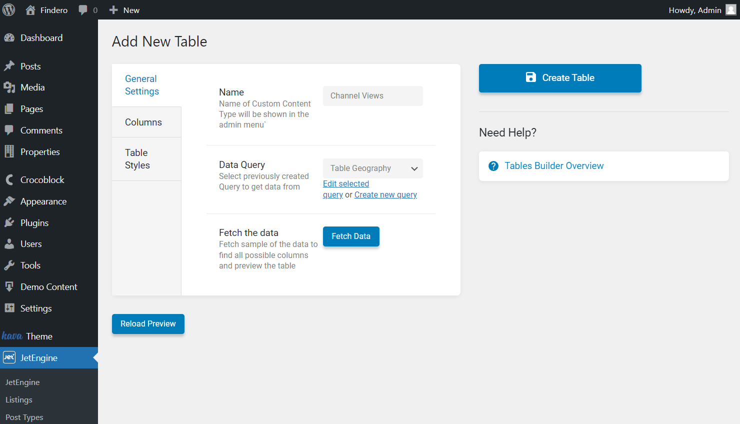 tables builder general settings