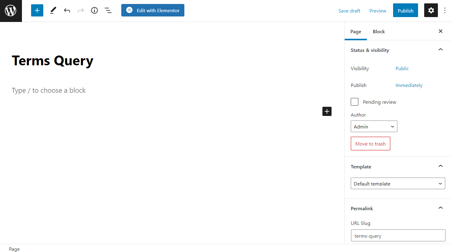 terms query page in the block editor