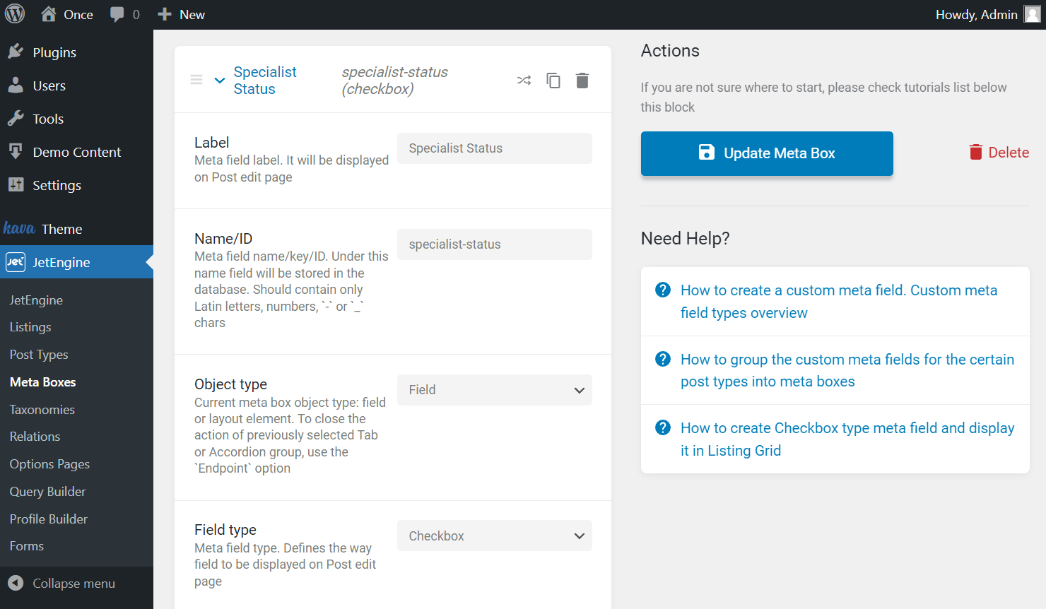 the first part of checkbox field settings