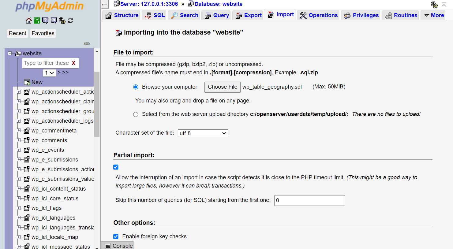 the first part of importing sql to phpmyadmin