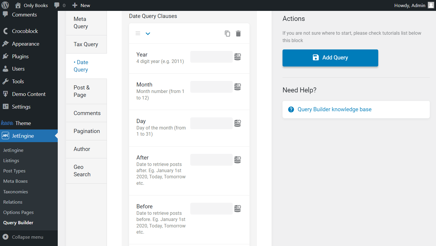 the first part of the date query tab of posts query
