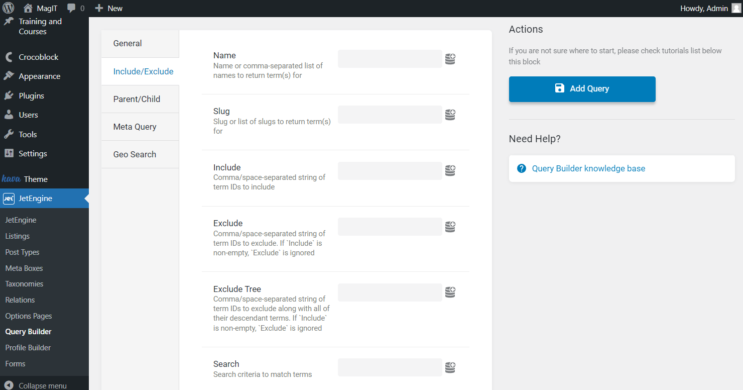 the first part of the include exclude tab of terms query type
