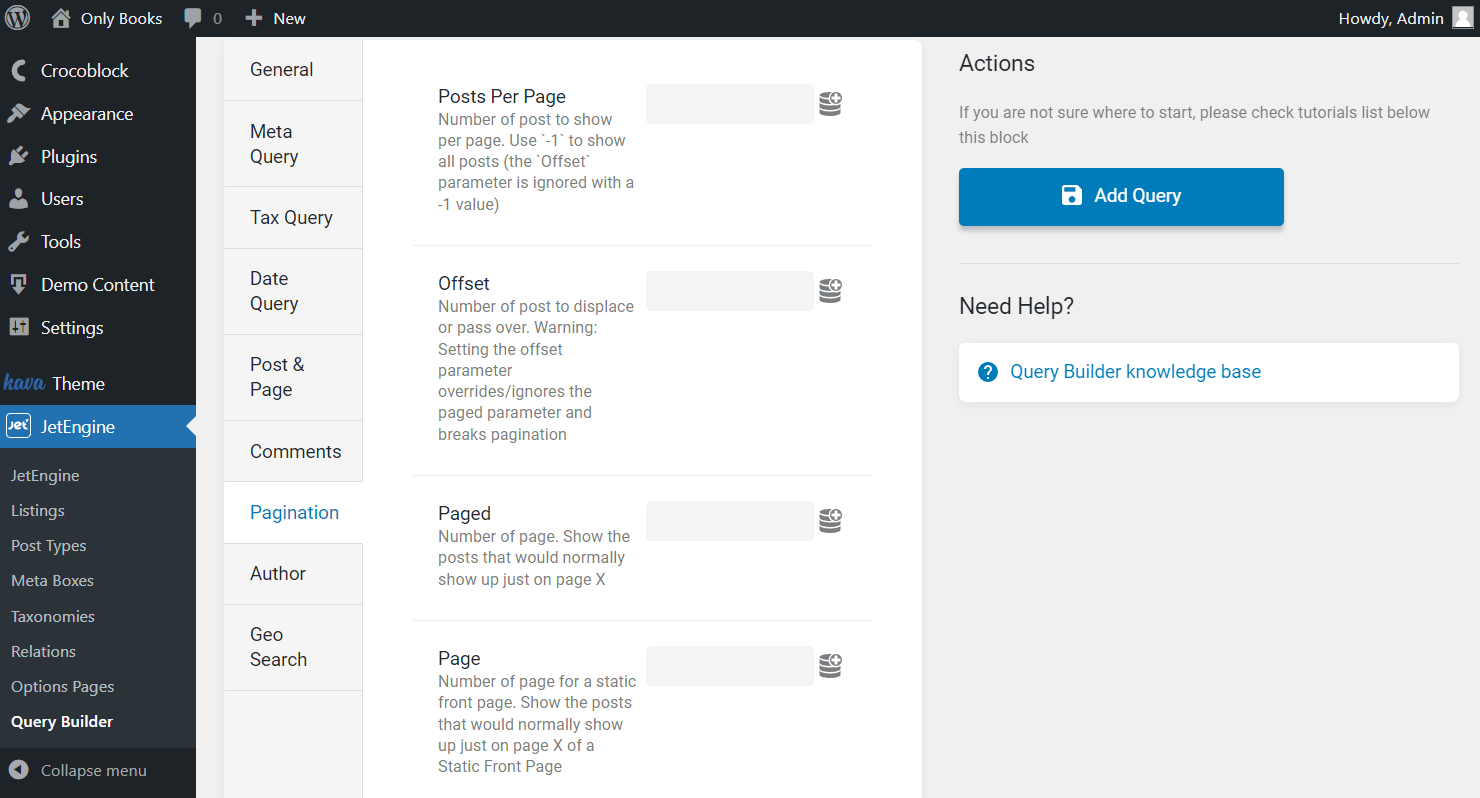the first part of the pagination query tab of posts query