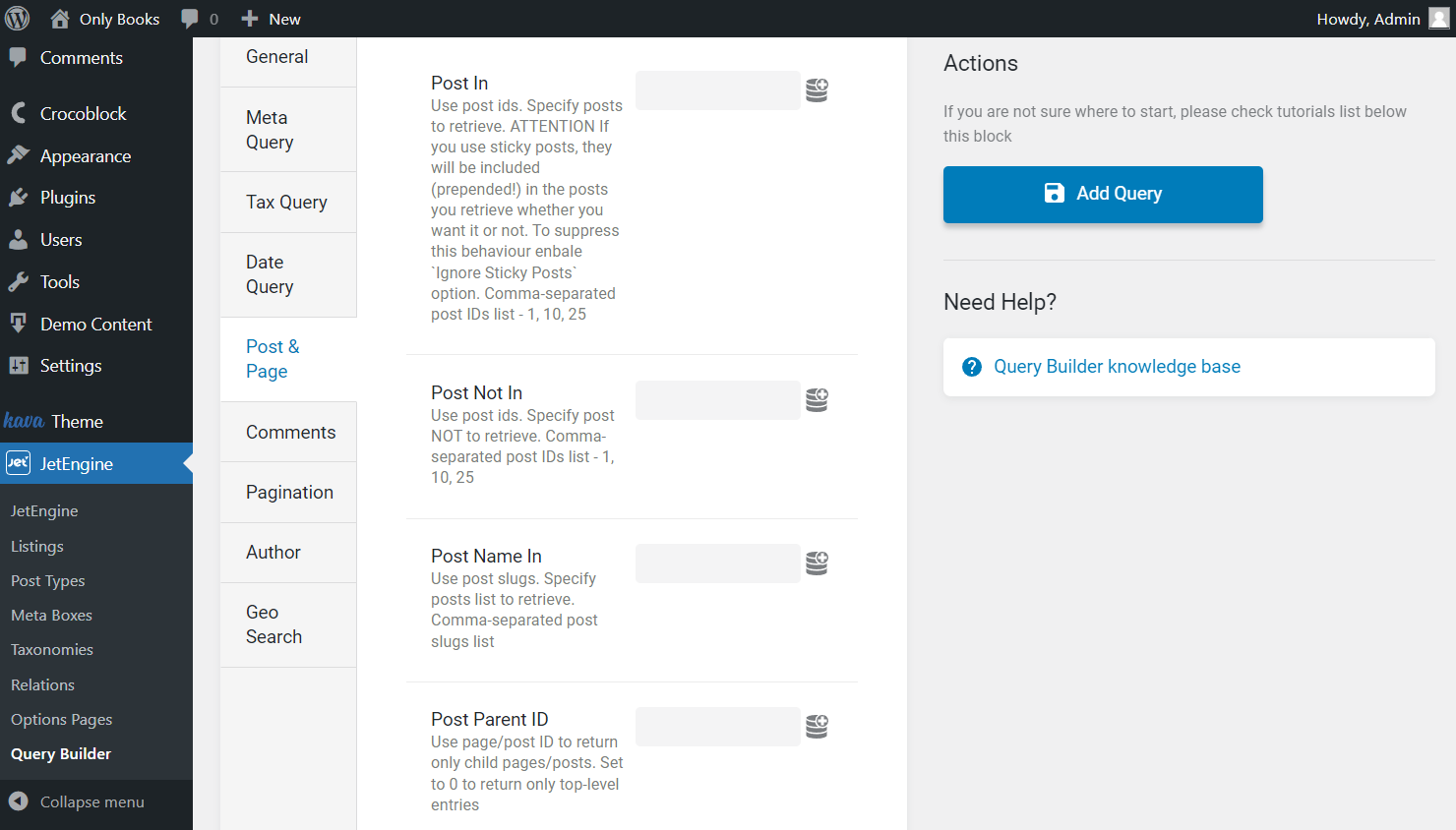 the first part of the post and page query tab of posts query