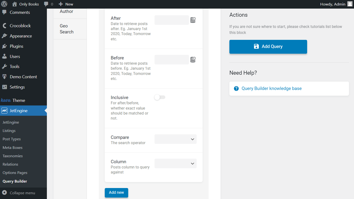 the second part of the date query tab of posts query