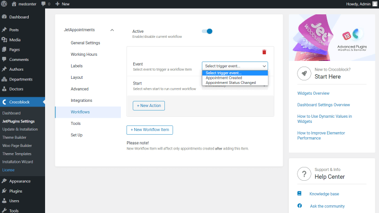 workflows event options