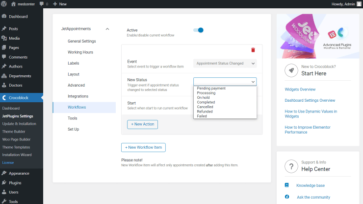 workflows new status options