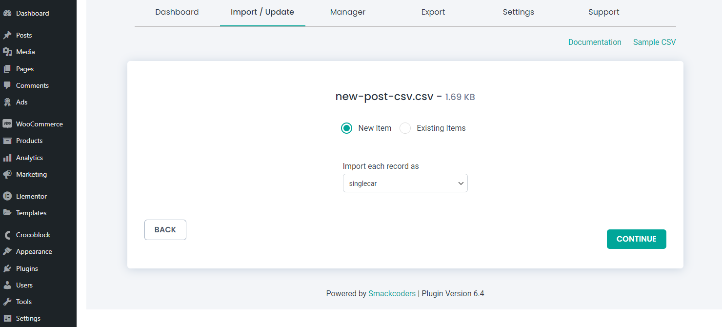 importing CSV file to the WordPress site