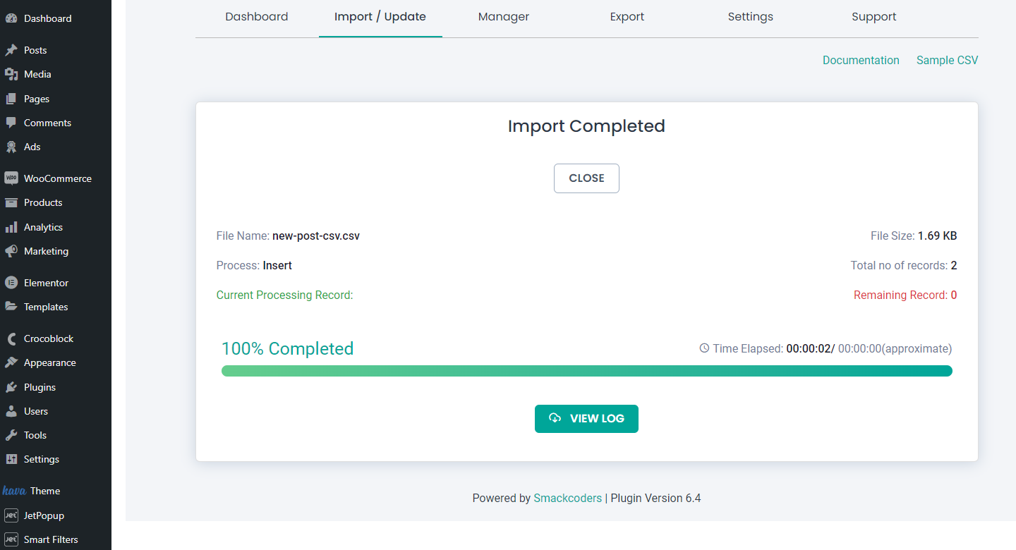 import completed screen in CSV importer PRO