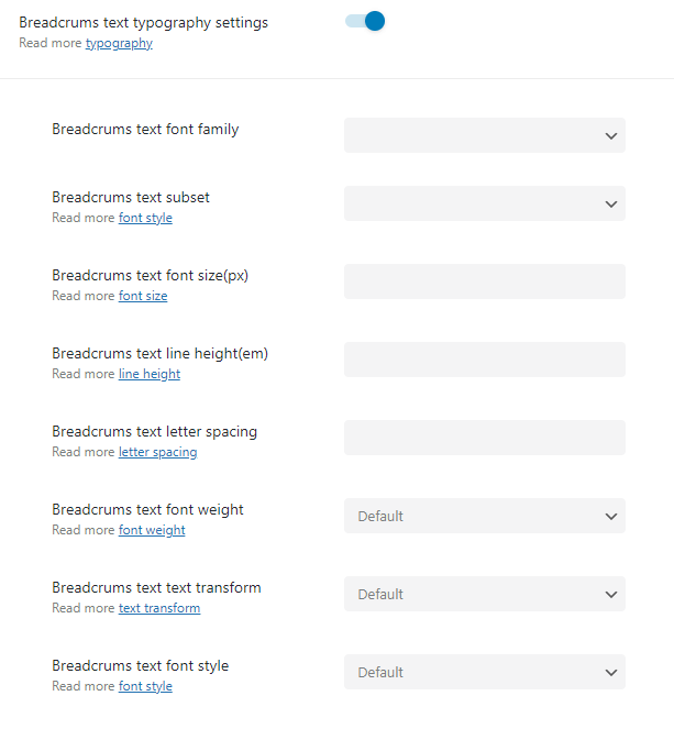 breadcrumbs text typography settings