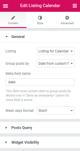 general settings in calendar widget