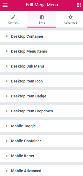mega menu style settings