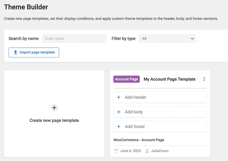 my account page in the theme builder