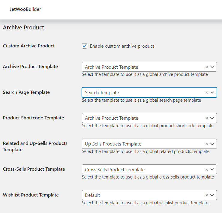 assign the jetwoobuilder template to woocommerce