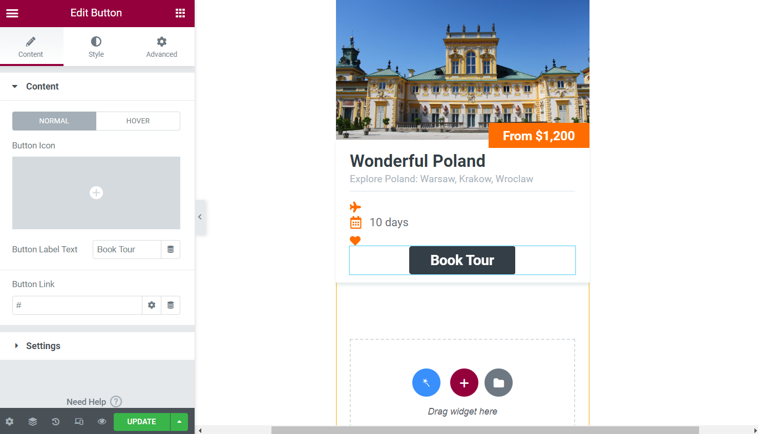 button content settings in listing