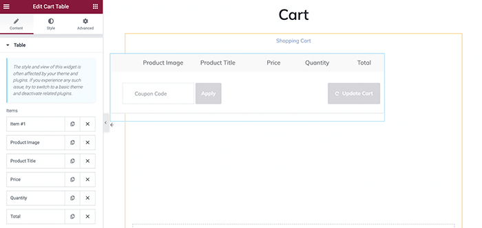 cart table widget