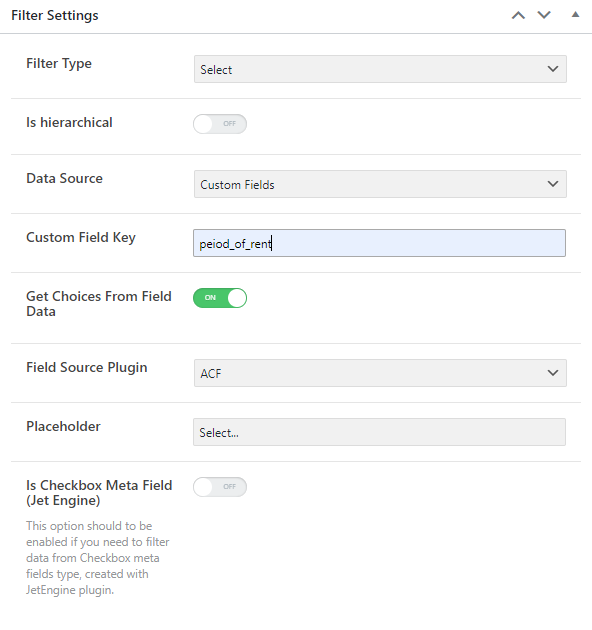 select filter settings