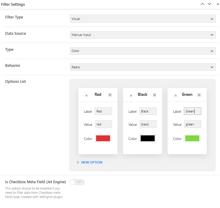 visual filter settings